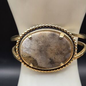Large Vintage Agate Sgold Tone Statement Hinged Bangle Bracelet Boho